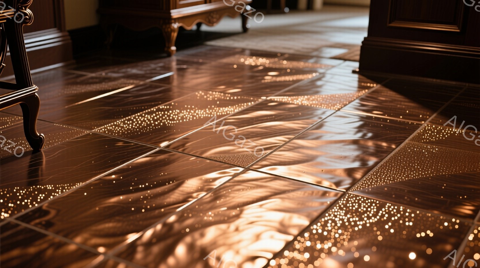濃い茶色のタイル張りの床に、暖色系の光が幾何学的な模様を描き出している。床の反射が非常に美しく、まるで液体金属のようにも見える。奥には、彫刻が施された家具の一部が見え、高級感のある空間を想像させる。 - AI生成フリー素材