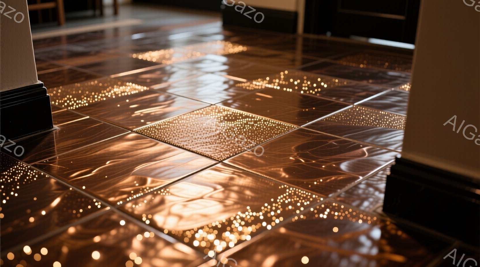 光沢のある茶色のタイル張りの床が写っており、まるで水面に反射した光が散りばめられているような模様が特徴的です。タイルは正方形に配置され、その表面には有機的な波紋と小さな光の点が密集しています。背景は暗 - AI生成フリー素材