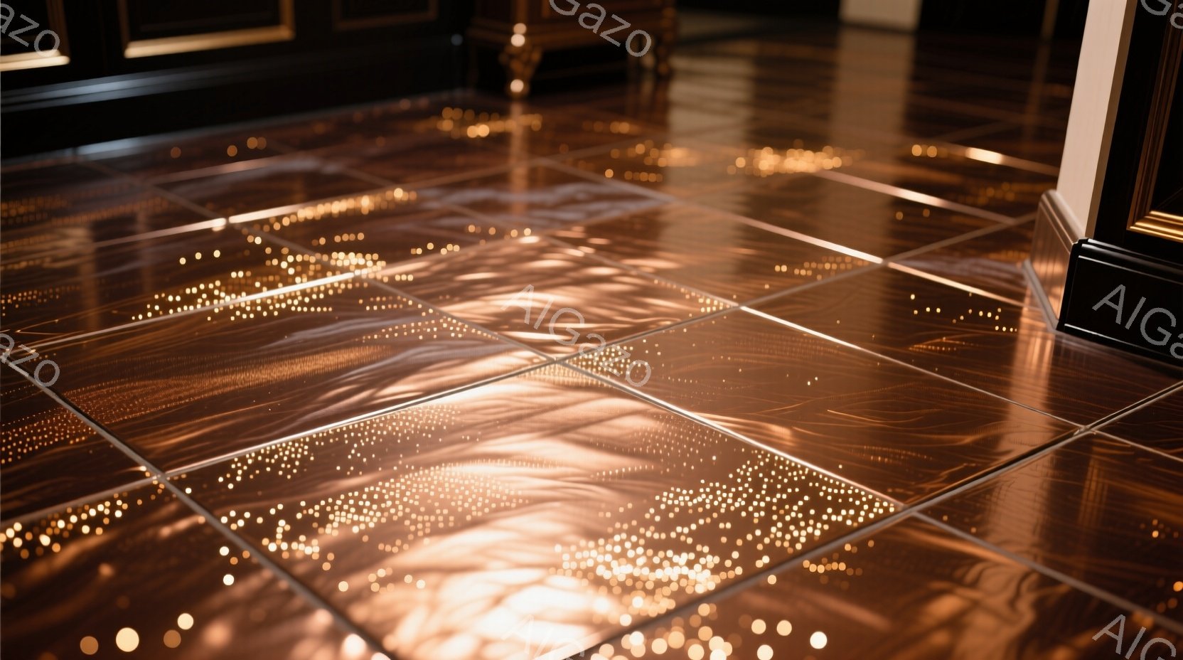 磨かれた茶色のタイル張りの床に、無数の金色の光の粒が踊るように散りばめられている様子が捉えられている。光は不規則なパターンを描き、まるで星空を閉じ込めたかのような幻想的な雰囲気を醸し出している。背景には暗い木製の装飾が見え、豪華で落ち着いた空間が演出されている。