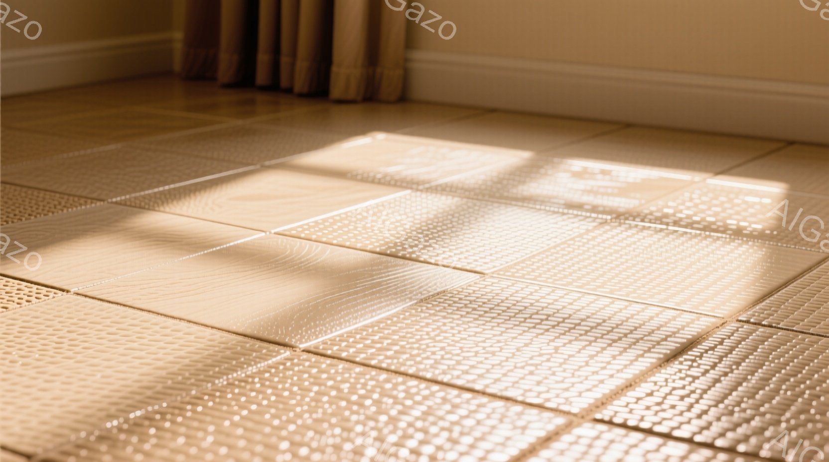 暖色系のタイルが敷き詰められた床面が画面を占めており、タイルの表面には細かい模様が確認できる。床の隅には、ベージュ色の壁と、一部だけが見える茶色のカーテンが写っている。全体的に柔らかな光が差し込み、落ち着いた温かみのある雰囲気を醸し出している。