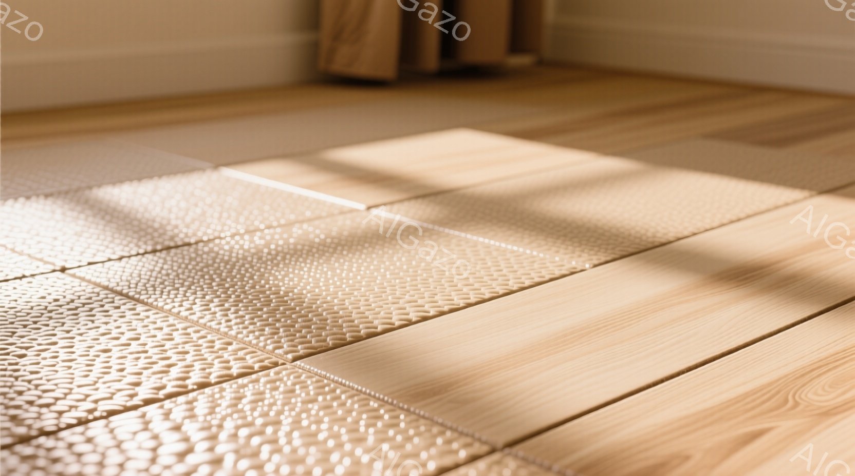 明るい木製の床が写っており、床材はユニークな凹凸のあるテクスチャが施された正方形のタイルで構成されています。暖かく柔らかな光が床に差し込み、タイルに影を作り出しています。背景にはぼやけた木製の家具が見 - AI生成フリー素材