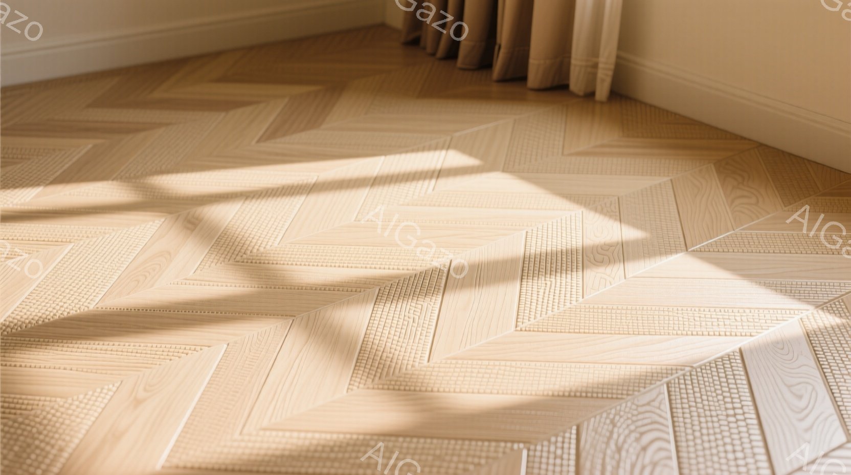 明るい茶色のヘリンボーン模様のフローリングが写真の大部分を占めており、暖かく落ち着いた雰囲気を醸し出しています。右上にわずかにベージュ色のカーテンが見え、部屋の一角をほのめかしています。光が差し込み、フローリングに影を作り出し、奥行きと立体感を強調しています。