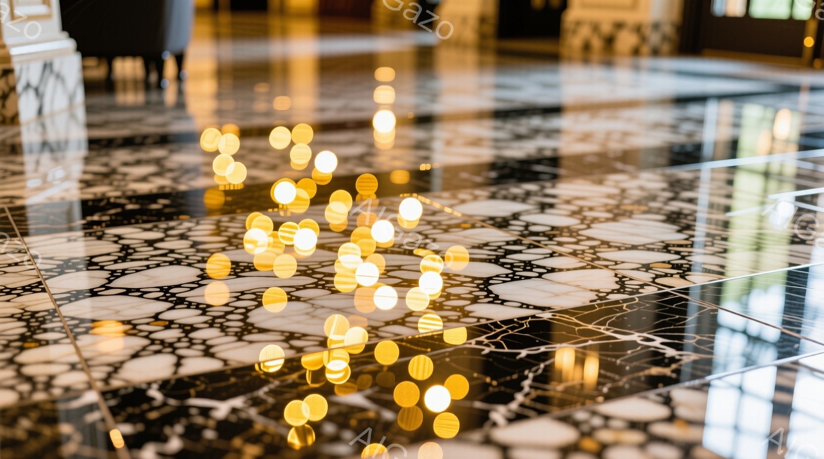 画像は黒と白の複雑な模様が施されたタイルの床面を捉えており、そこにはぼやけた金色の光の粒子が散りばめられています。光の粒子はまるで花びらや星屑のようで、床面のコントラストを際立たせ、幻想的な雰囲気を醸し出しています。左側には白い柱の一部が見え、床のテクスチャと光の輝きが組み合わさり、高級感のある空間を表現しています。