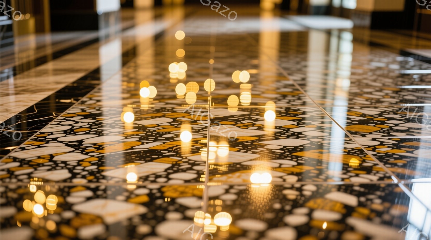 光沢のある黒と金色のモザイク模様の床が、ぼやけた黄色の光の反射で覆われています。まるで万華鏡のような床面は、光が揺らめき、高級感と幻想的な雰囲気を醸し出しています。背景はぼやけていますが、近代的な建物 - AI生成フリー素材