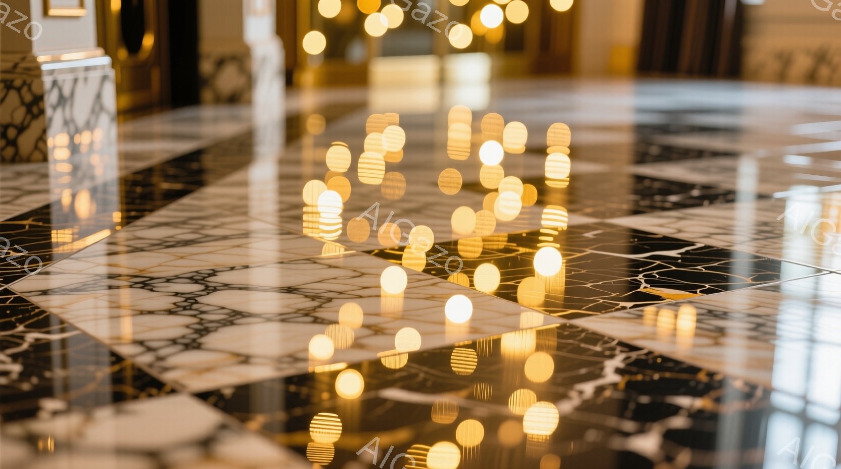 磨かれた黒と白の大理石の床に、ぼやけた黄金色の光の点が散りばめられています。これらの光点は、おそらく天井から吊るされた照明のもので、床に複雑な模様を描き出しています。背景には、大理石の柱や装飾が見え、 - AI生成フリー素材