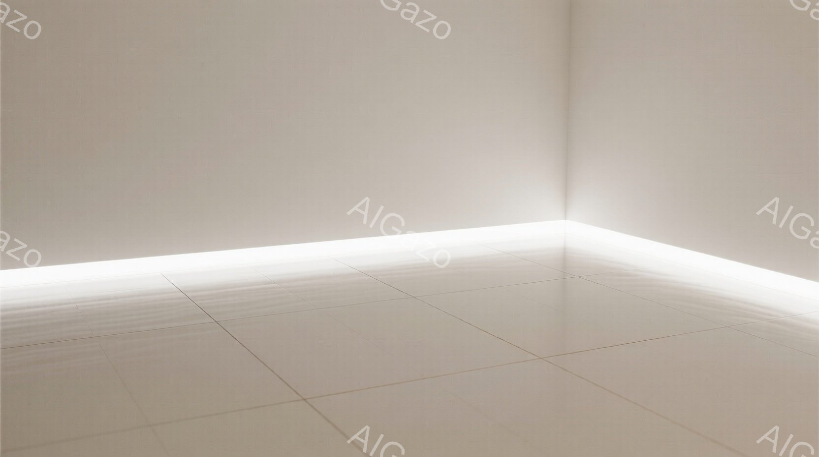 白いタイル張りの床と壁で構成された部屋の一角が写っている。床の隅に沿って光が灯っており、壁に影が映り込み、ミニマルで静謐な雰囲気を醸し出している。背景は何も描かれておらず、まるで無限に続く空間を暗示しているかのようだ。