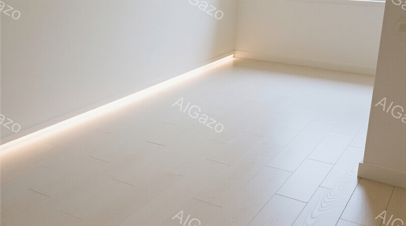 白いフローリングの部屋の一角が写っており、壁の際に沿って柔らかい光が灯るラインライトが設置されている。床材は木目調で、明るい色調のため、清潔感と広がりを感じさせる空間を作り出している。壁は白く、光と床の色調が相まって、静かで穏やかな雰囲気を醸し出している。