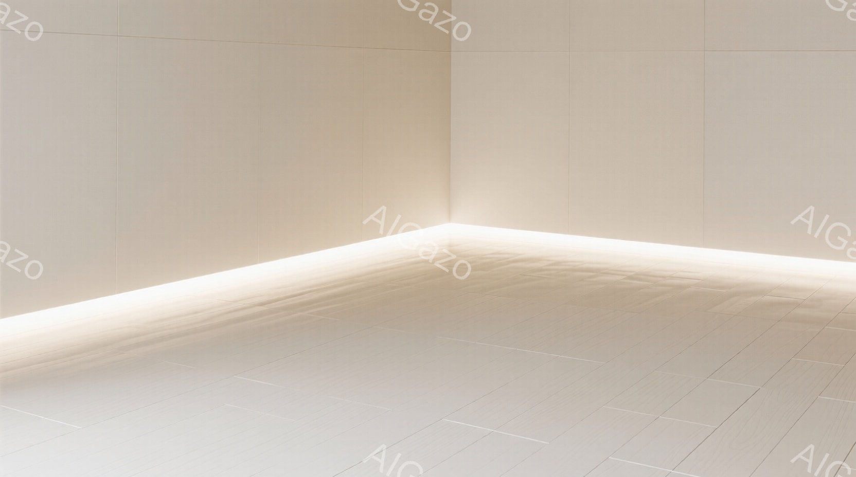白を基調としたミニマルな空間が描かれている。床は木目調の白いタイルで覆われ、壁の隅には間接照明が設置され、柔らかい光が空間全体を照らしている。まるで展示空間のような、静かで落ち着いた雰囲気が感じられる。
