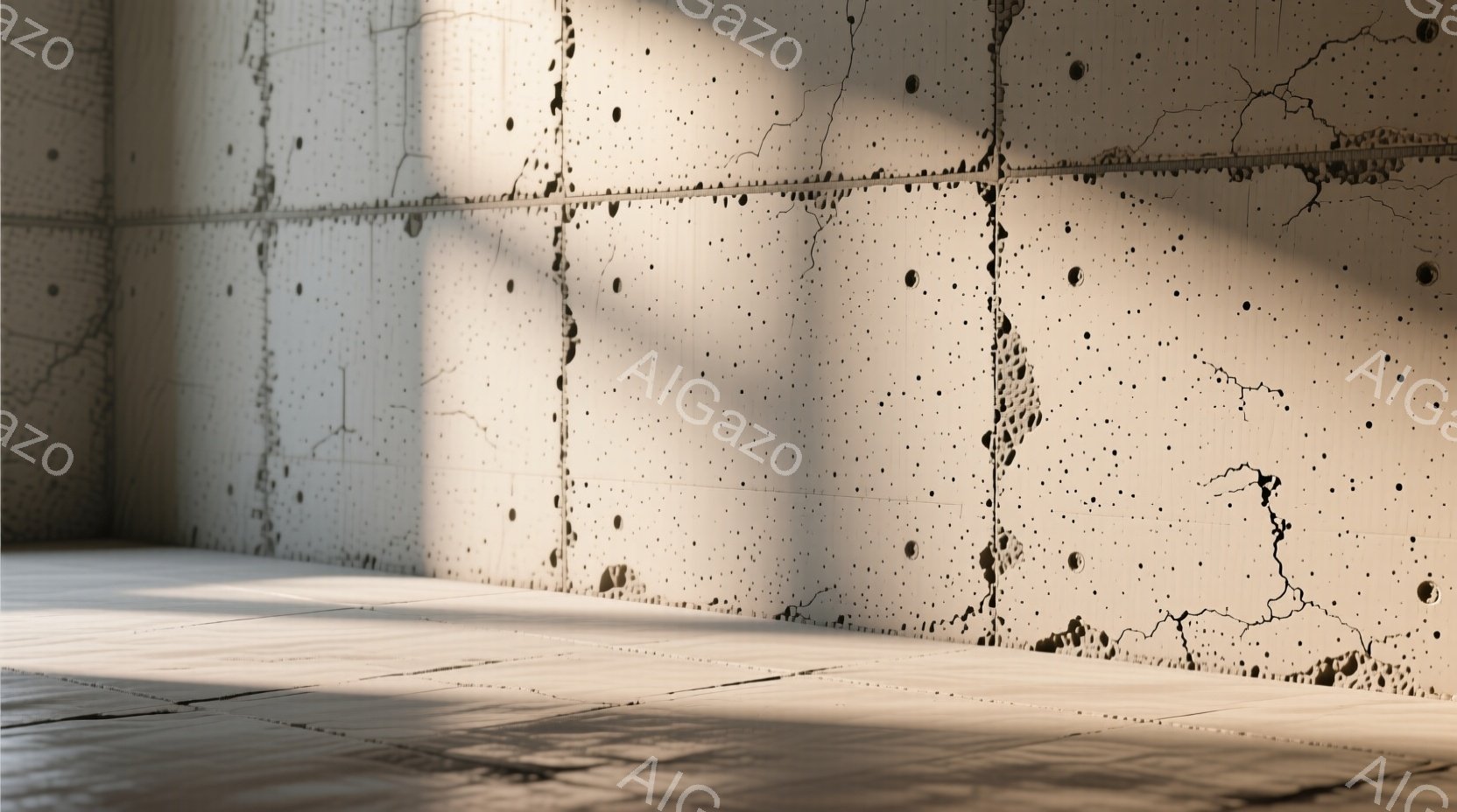 この画像は、コンクリートで覆われた部屋の内部を示している。壁は大きなひび割れや穴があり、使用された素材の粗さと時間の経過を感じさせる。光が壁に当たることで、テクスチャが強調され、陰影が生まれ、全体的に荒廃した、工業的な雰囲気が漂っている。