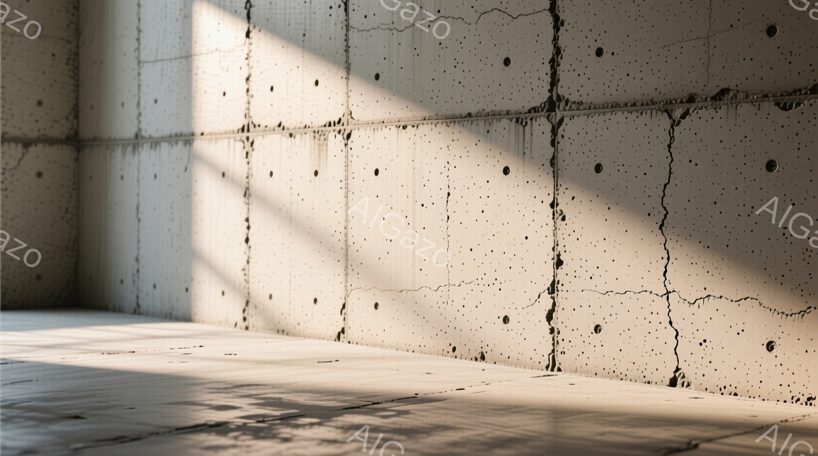 コンクリート製の壁と床で構成された室内空間が描かれている。壁にはひび割れや小さな穴が散りばめられ、無機質で荒廃した雰囲気を醸し出している。強い光が斜めから差し込み、壁と床に陰影を作り出し、閉塞感と静寂 - AI生成フリー素材
