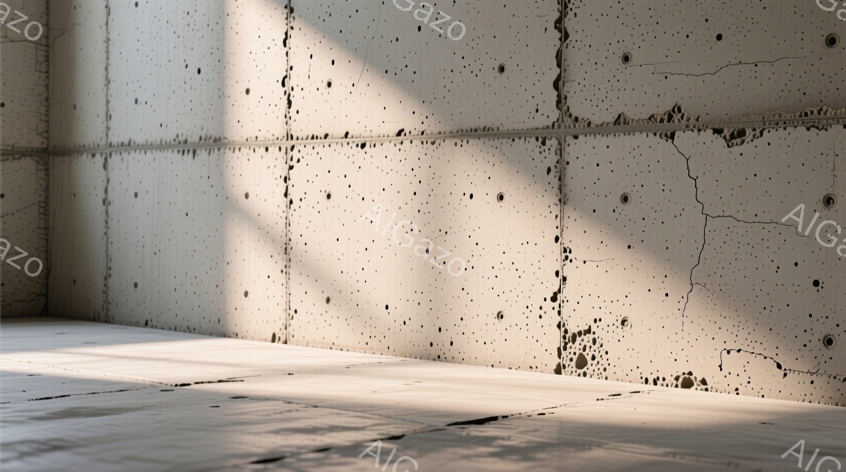 この画像は、コンクリートで覆われた壁と床を持つ、ミニマルで無機質な空間を描写している。壁には多数の小さな穴が規則的に並び、ひび割れも見られ、長年の経過を感じさせる。明るい光が左側から差し込み、床や壁に影を作り出し、空間に奥行きと静寂をもたらしている。