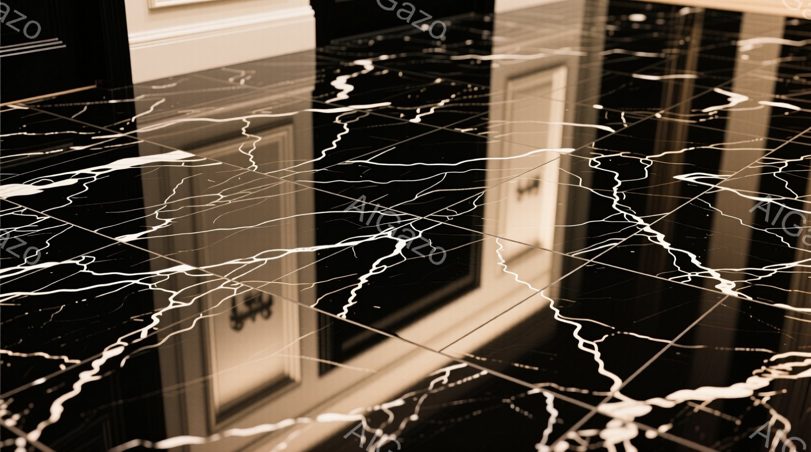 画像は、磨かれた黒い大理石の床を捉えており、白い脈のような模様が網の目のように広がっています。床面には、ドアとそれに隣接する壁の反射が映り込み、左右対称的な光景を作り出しています。全体的に、洗練された、モダンで高級感のある雰囲気が漂っています。