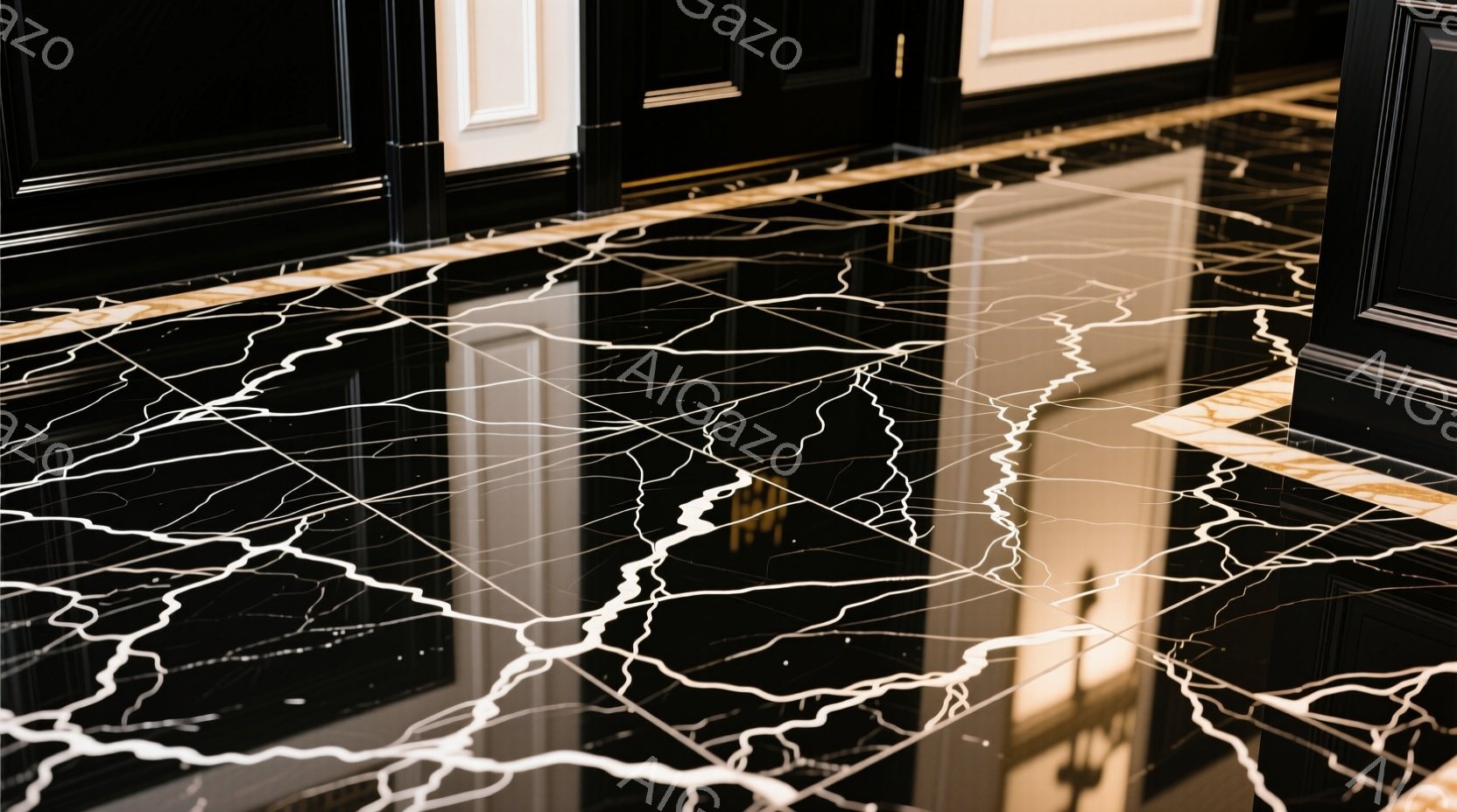 漆黒の床面には、白い稲妻のような模様が複雑に広がっており、まるでひび割れた鏡のようである。床の端には金色の帯が走り、光沢のある黒い壁が背景にぼんやりと見える。全体的に豪華でドラマチックな雰囲気が漂い、光の反射が独特の質感を強調している。