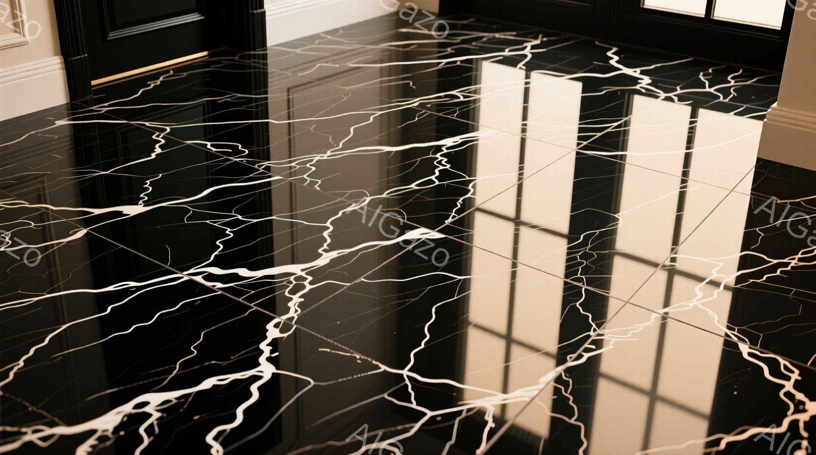 白い模様が走る黒い大理石の床が、強い光の反射によって照らされている。床面には、規則的に並んだ光の帯が映り込み、まるで光の迷路のような印象を与える。全体的にモダンで洗練された雰囲気であり、高級感と静寂さを感じさせる。