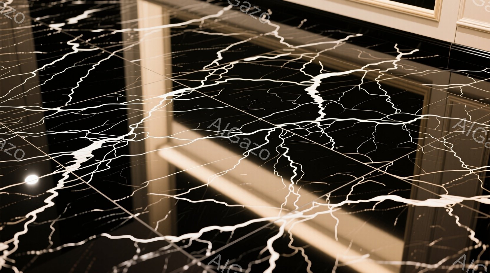 漆黒の床面には、白い稲妻のような模様が複雑に広がっている。光沢のある床に反射して、幾何学的な光の線が生まれ、まるで雷雨の夜空を切り取ったかのような幻想的な雰囲気を醸し出している。全体の印象は、力強く、 - AI生成フリー素材