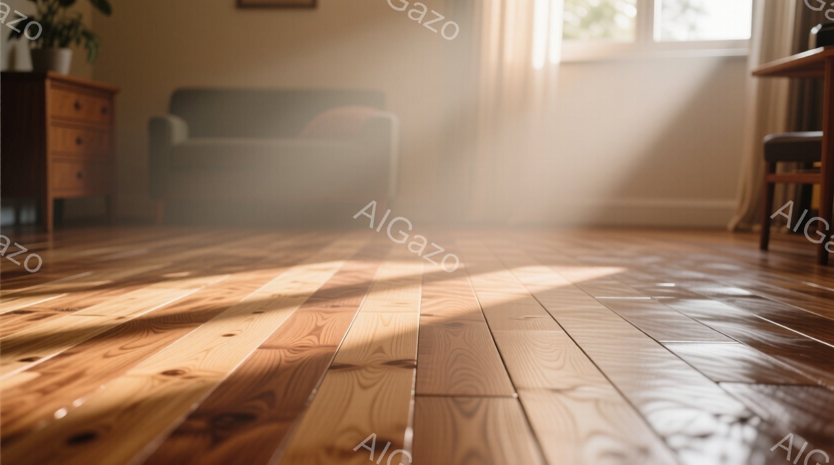 明るい日差しが木製の床に差し込み、暖かく穏やかな雰囲気を醸し出しています。左手にはアンティーク調の引き出し箪笥が、右手には木製の椅子が見え、部屋全体が落ち着いた色調で統一されています。光の筋が床に落ちる様子から、時間がゆっくりと流れるような静けさが感じられます。