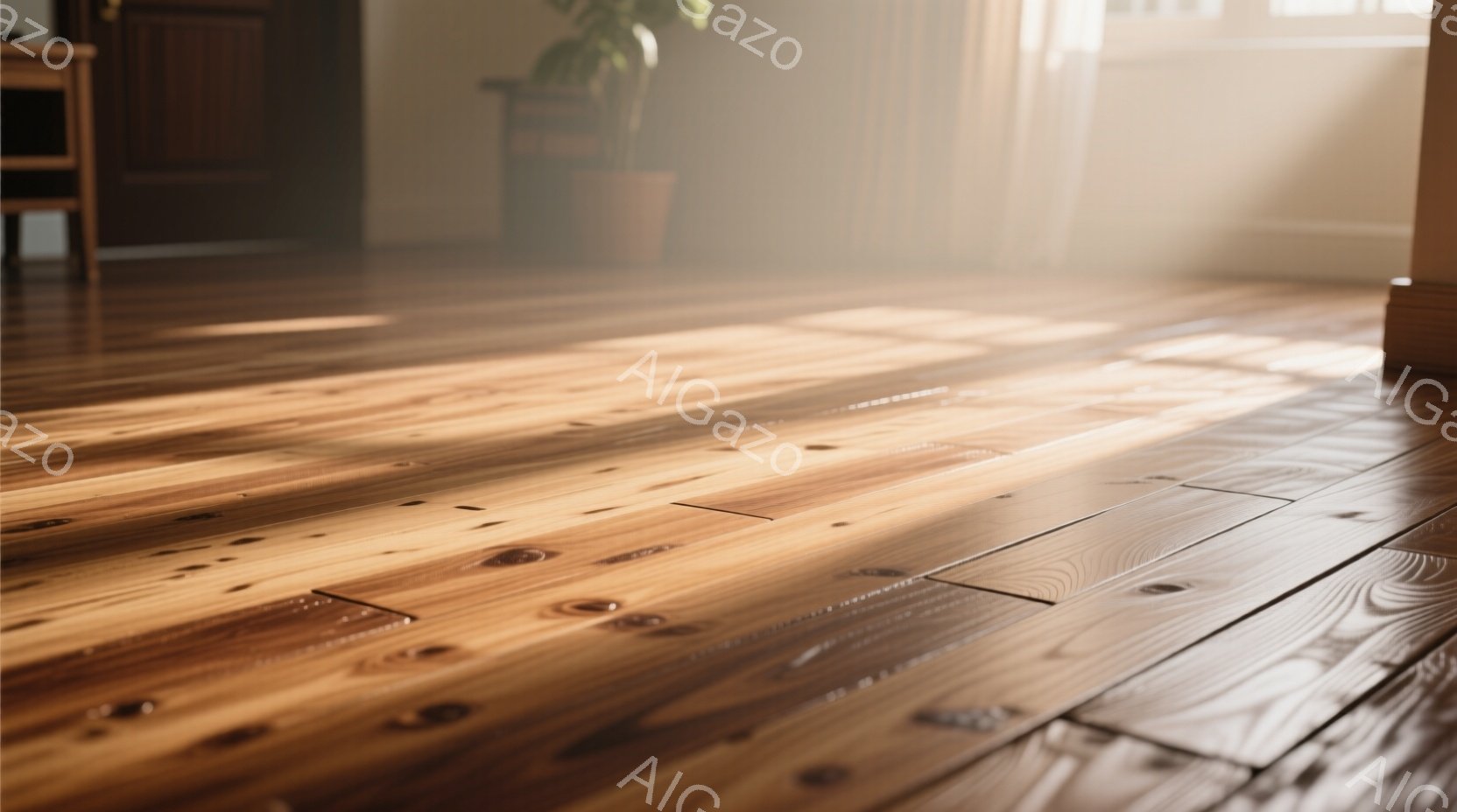 磨かれた木の床が写真の大部分を占めており、暖かく自然な色合いが印象的です。窓から差し込む光が床に斜めに伸び、木目のテクスチャを際立たせています。背景には植物の入ったテラコッタの鉢と家具の一部が見え、全体的に穏やかで静謐な雰囲気を醸し出しています。