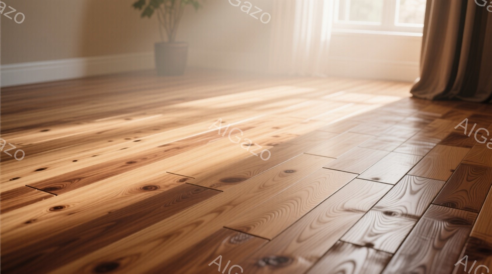 暖かく明るい室内で、木製のフローリングが広がり、光が差し込んでいる様子が表現されている。奥には植物が置かれた鉢が見え、窓辺にはベージュ色のカーテンがかかっている。全体的に穏やかで、安らぎのある雰囲気が感じられる。