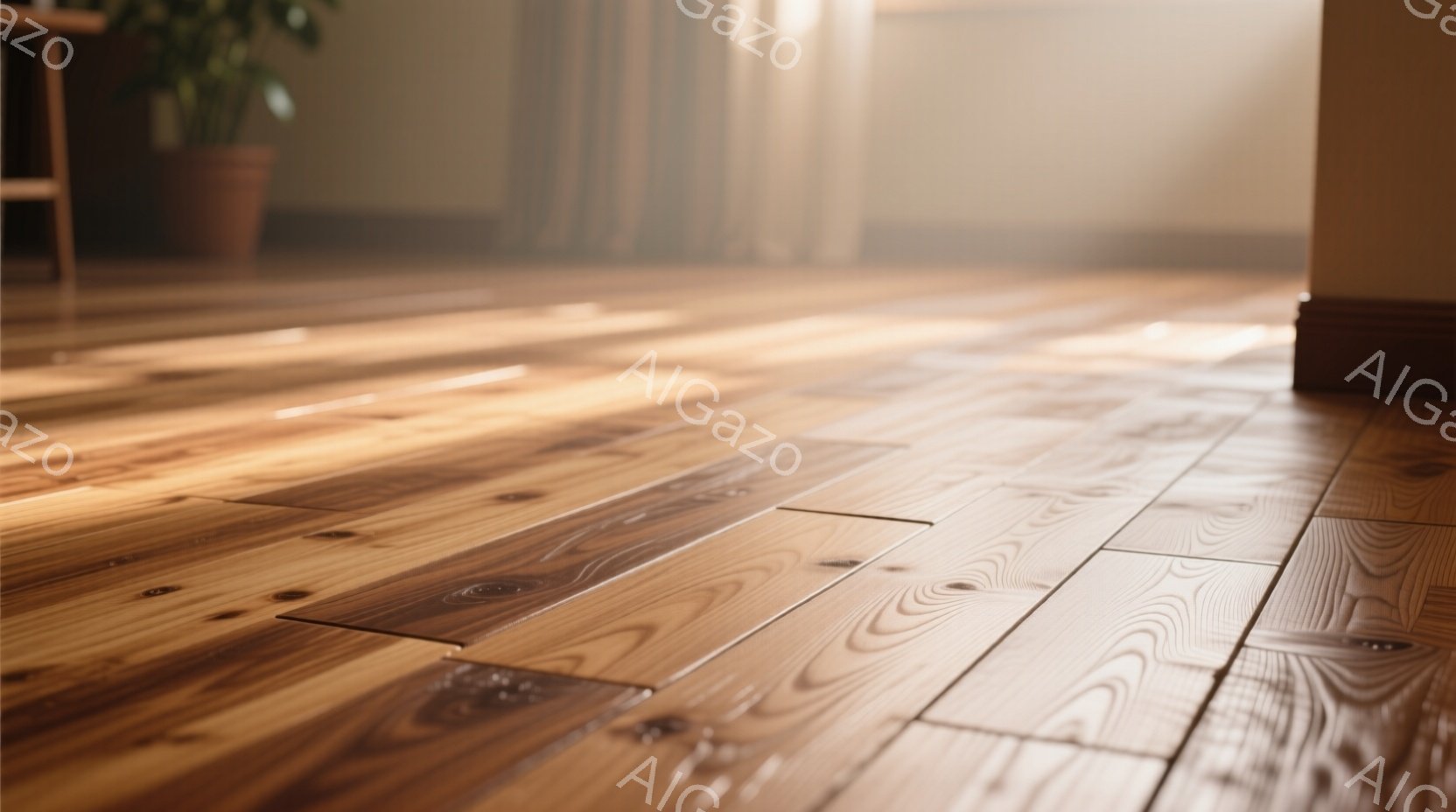 明るい木製の床が写っており、木目が見える板張りの床が、光に照らされて温かい雰囲気を醸し出しています。背景には植物の葉と白いカーテンが見え、部屋全体が穏やかでリラックスした空間であることが窺えます。床の質感と光のコントラストが、シンプルながらも美しい情景を作り出しています。