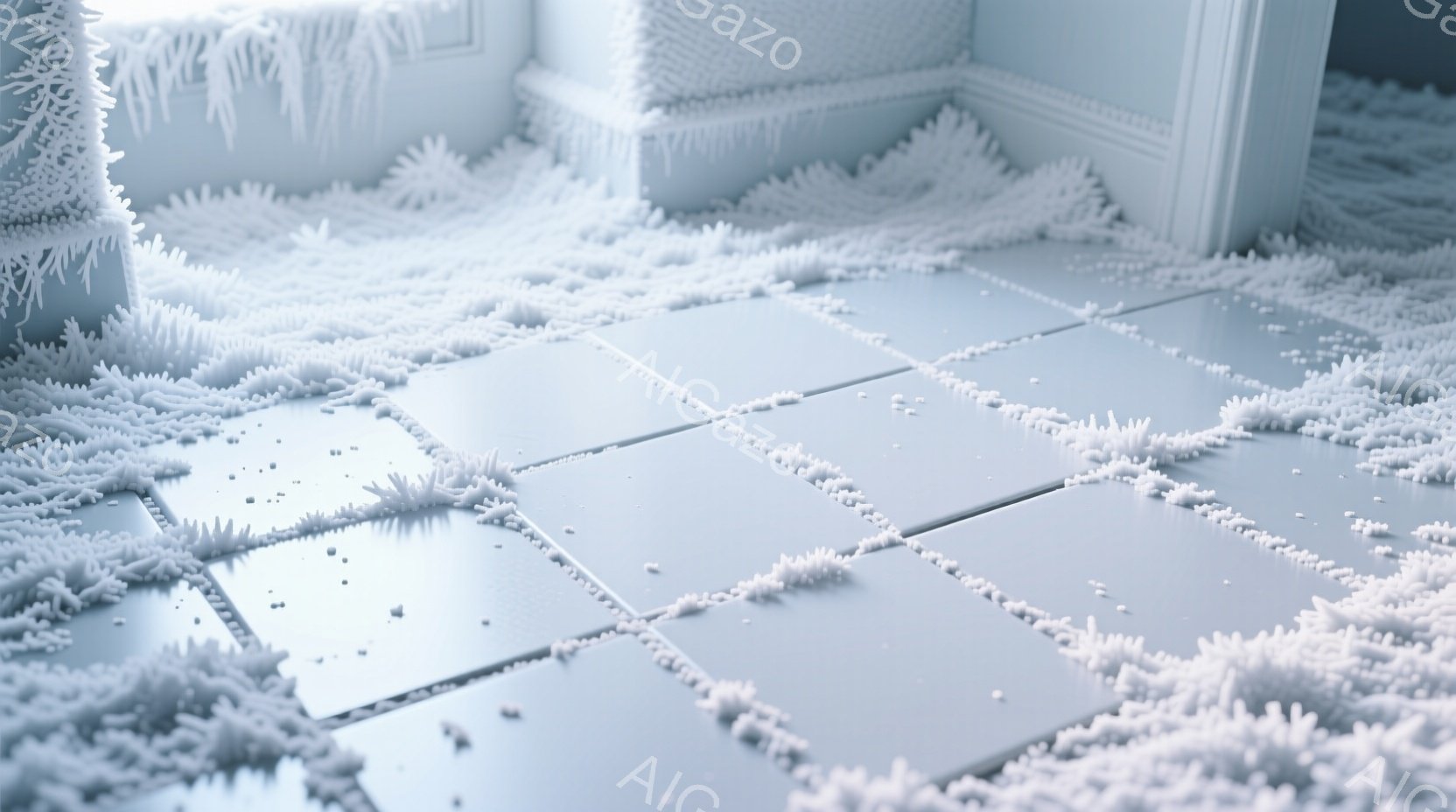 白いタイル張りの床が写っており、まるで雪のように見える白い繊維状の物質で覆われている。奥には白い壁とドアが見え、全体的に静かで幻想的な雰囲気を醸し出している。この繊維状の物質は、まるで何かの柔らかい毛皮や綿のように、部屋全体に広がっている様子が窺える。