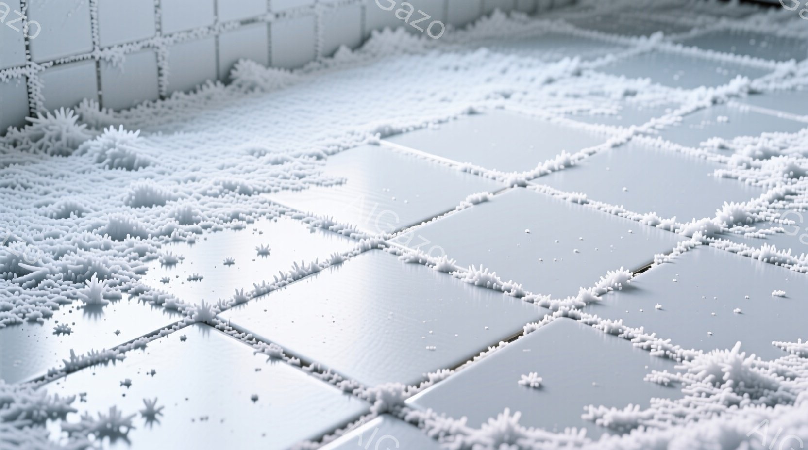 白いタイル張りの床に、小さな白い綿のようなものが散らばっている様子が写っている。タイルは四角形で、隙間には黒い目地が見える。全体的に清潔感はあるものの、床に散らばった綿のようなものが少し不自然な印象を与える。