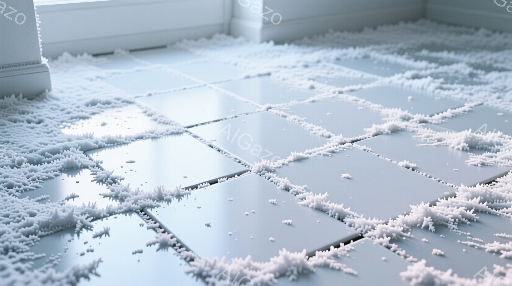 画像は薄い水色のタイル張りの床面を捉えており、タイルの隙間に白い綿のようなものが大量に詰まっている様子が特徴的です。床面は明るく清潔ですが、綿のようなものが散乱していることで、少し不穏な、または奇妙な雰囲気を醸し出しています。背景には白い壁の一部が見え、全体的にミニマルで現代的な空間であることが伺えます。