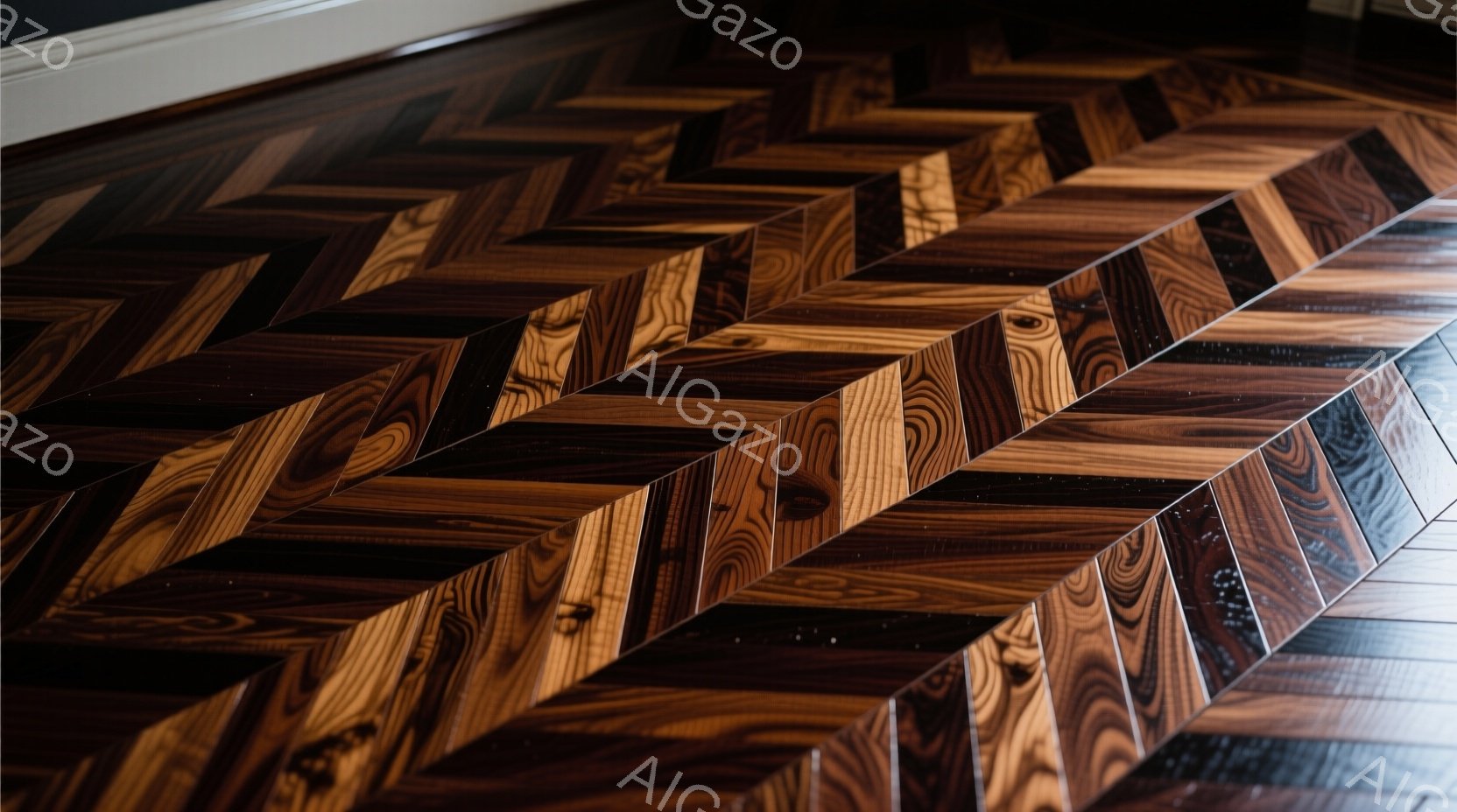 画像は、複雑なヘリンボーンパターンの木製フローリングを捉えています。木材は深みのある茶色と豊かな木目で、光の当たり方によって陰影が生まれています。床は磨き上げられており、光沢があり、優雅さと暖かさを感じさせる雰囲気です。
