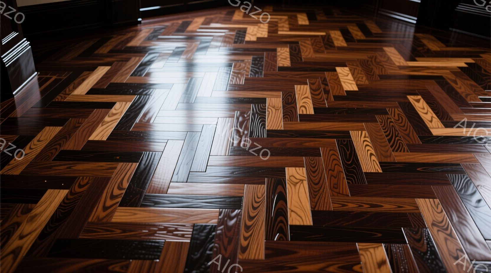 濃い茶色と薄いベージュの木材を組み合わせた、複雑なヘリンボーン模様の床が印象的です。床面は磨き上げられており、光沢があり、天井から差し込む光を反射しています。暖かく落ち着いた雰囲気で、高級感と洗練され - AI生成フリー素材