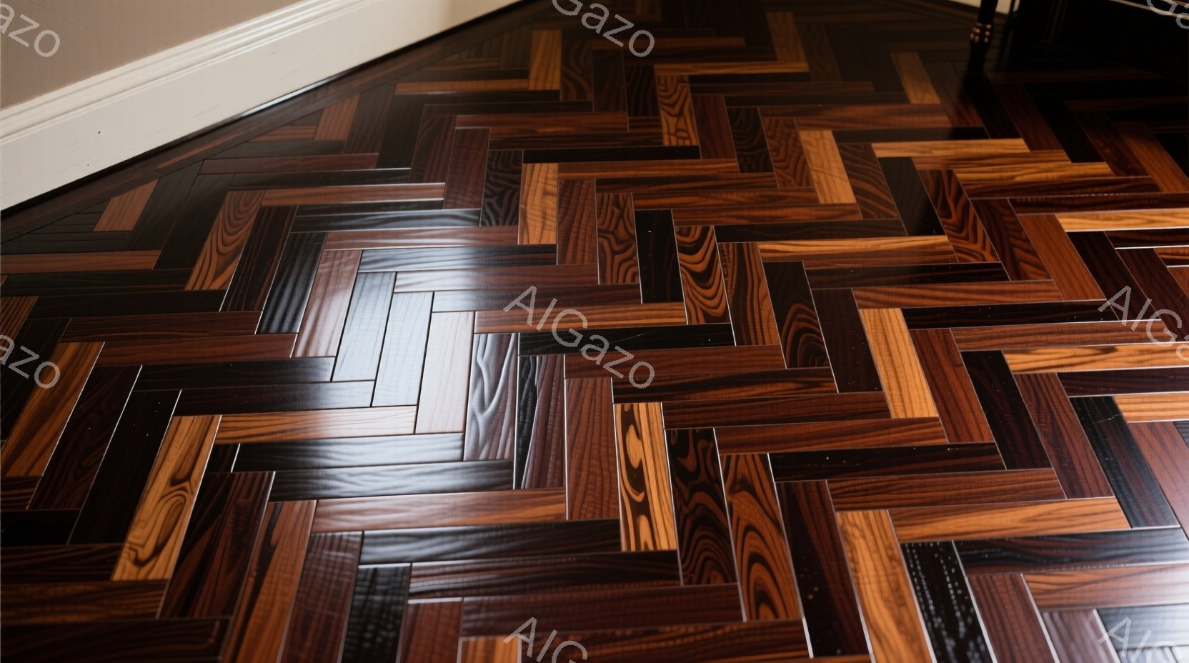 画像は、複雑なへリンボーン模様の木製フローリングを捉えています。濃い茶色と明るい茶色が混ざり合い、光沢があり、高級感があります。床は部屋の角の部分で、壁と床の境がわずかに見え、室内の一角を表現しています。