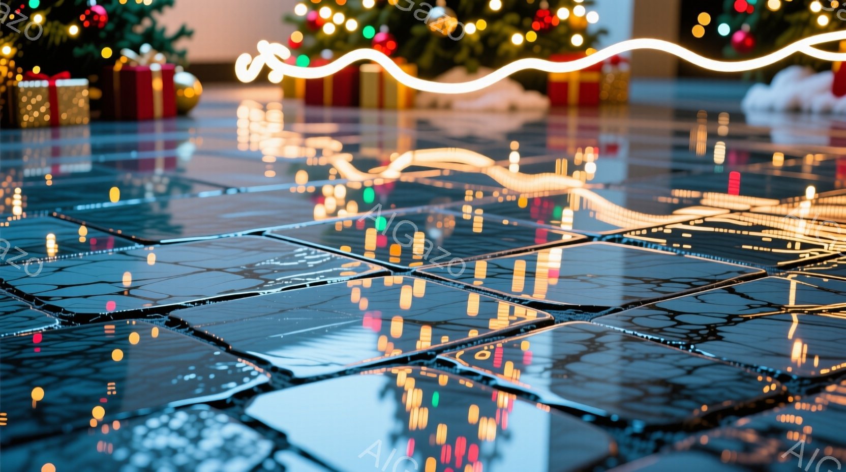 濡れた石畳の道が広がり、その表面に街灯やネオンサインが反射して、幻想的な光の模様を作り出している。背景には、カラフルなクリスマスツリーとプレゼントがぼんやりと見え、きらめく光が冬の夜の暖かさと祝祭の雰囲気を醸し出している。全体的に、雨上がりの都会の夜に捉えられた、魅惑的でロマンチックな光景である。