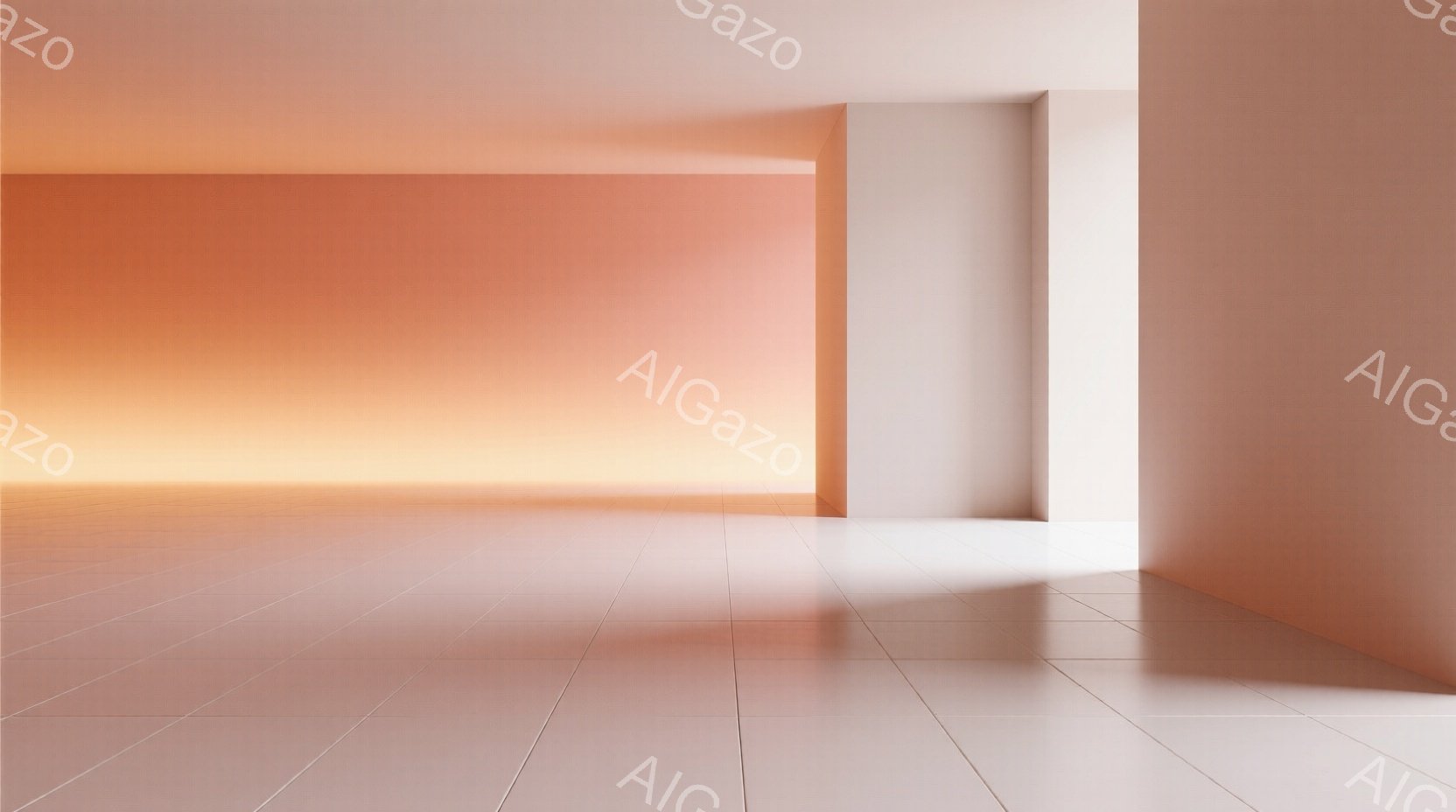 暖色系のグラデーションが壁一面に広がる、ミニマルな室内空間である。白くタイル張りの床には影が伸び、無機質でありながらどこか温かみのある雰囲気を醸し出している。構造的な柱が空間を区切り、シンプルでありながら奥行きを感じさせる構成となっている。