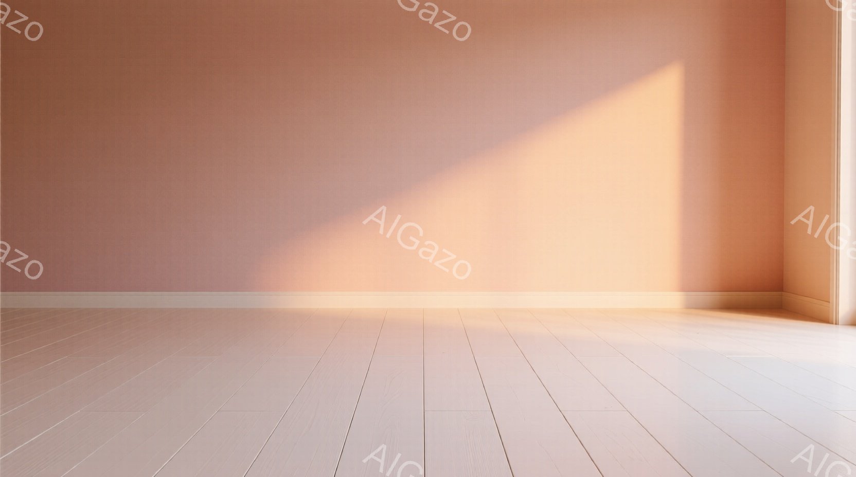 空っぽの部屋が写っている。壁は明るいオレンジ色で、床は白く木目調だ。部屋の隅に光が差し込み、影が伸びているため、静かで穏やかな雰囲気が漂っている。