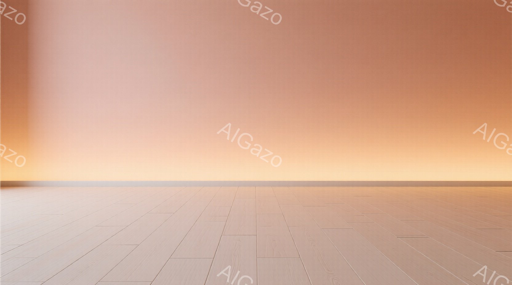 広々とした室内空間が写っており、床は明るい木目調のフローリングで、壁はオレンジと黄色のグラデーションがかかった単色です。室内には何もおらず、シンプルでミニマルな雰囲気が漂っています。全体的に暖かく、穏やかな印象を与える空間です。