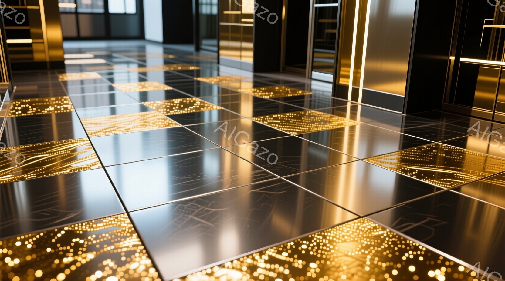 磨かれた黒いタイル張りの床が、天井や壁からの細長い金色の光によって幻想的に照らされています。光は床に複雑な模様を作り出し、まるで星空が広がっているかのような印象を与えます。背景にはぼんやりと金属製の構 - AI生成フリー素材