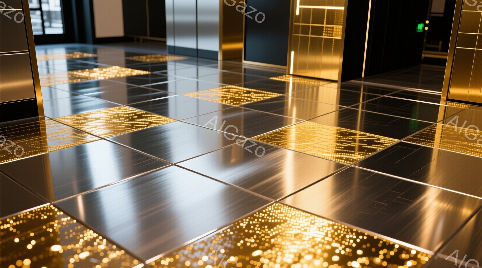 磨かれた金属製のタイルで構成された床が、ぼやけた黄金色の光で照らされています。タイルは鏡面仕上げで、天井からの光を反射し、現代的で未来的な雰囲気を醸し出しています。背景にはぼんやりとしたエレベーターや壁が見え、全体的に洗練された都会的な空間を表現しています。