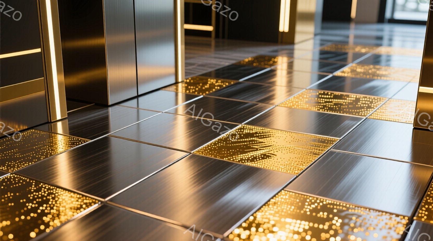 磨かれた金属製のタイルが敷き詰められた床面がクローズアップで捉えられています。タイルには、光の反射によって星屑のような金色の光点が散りばめられており、モダンで未来的な雰囲気を醸し出しています。床面は規 - AI生成フリー素材