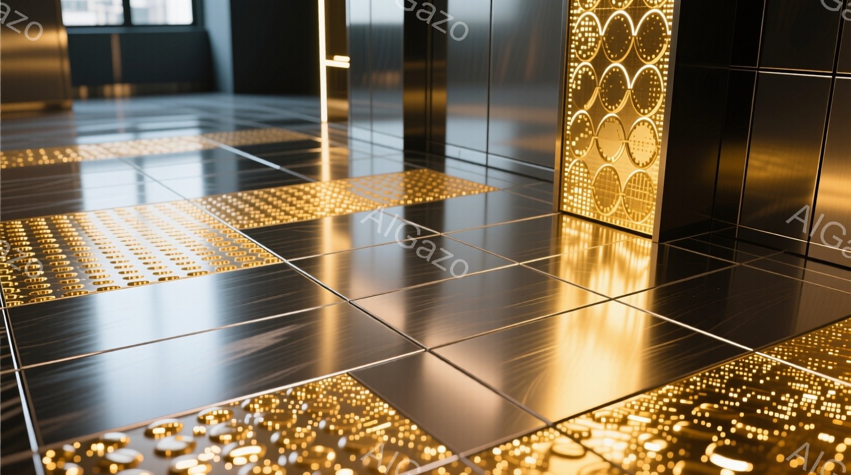 磨き上げられた黒いタイル張りの床が印象的な室内空間です。壁には金色の幾何学模様が施されており、光を反射して豪華な雰囲気を醸し出しています。床の反射が特徴的で、まるで鏡面のように周囲の空間を映し出しています。