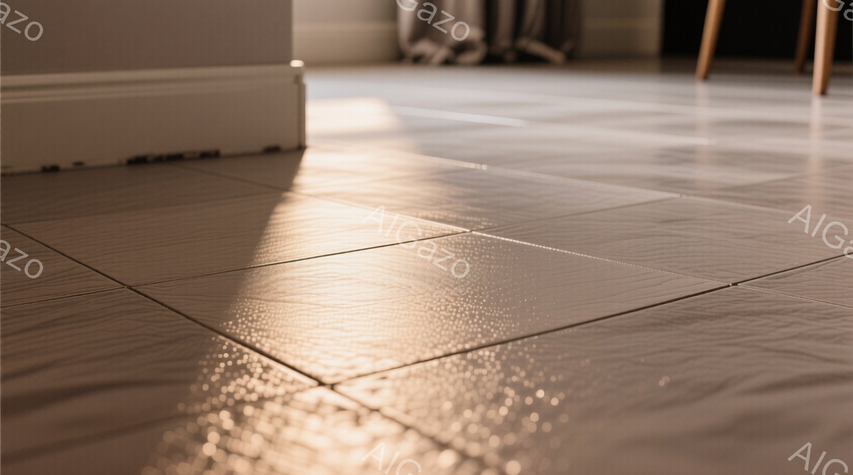 部屋の床のタイルが写っている写真です。ベージュ色のタイルは、光の当たり方によって微妙な陰影を作り出し、落ち着いた雰囲気を醸し出しています。奥には家具の一部とカーテンが見え、シンプルな室内空間の一角を捉えています。