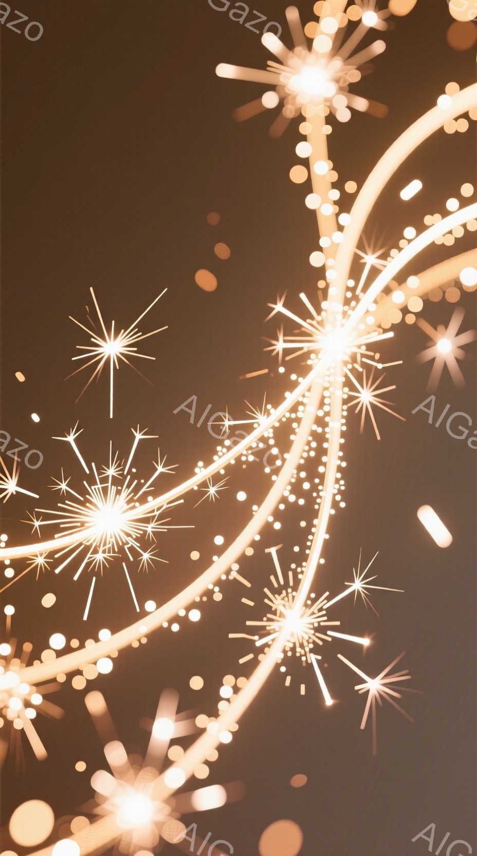 画面いっぱいに光の筋と輝く星のような光の粒子が広がっており、まるで夜空に咲き乱れる花火のようです。全体的に暖色系の色調で、光の軌跡が画面全体を明るく照らし、幻想的でロマンチックな雰囲気を醸し出しています。背景は暗く、光のコントラストが際立ち、まるで夢の中にいるような感覚を与えます。