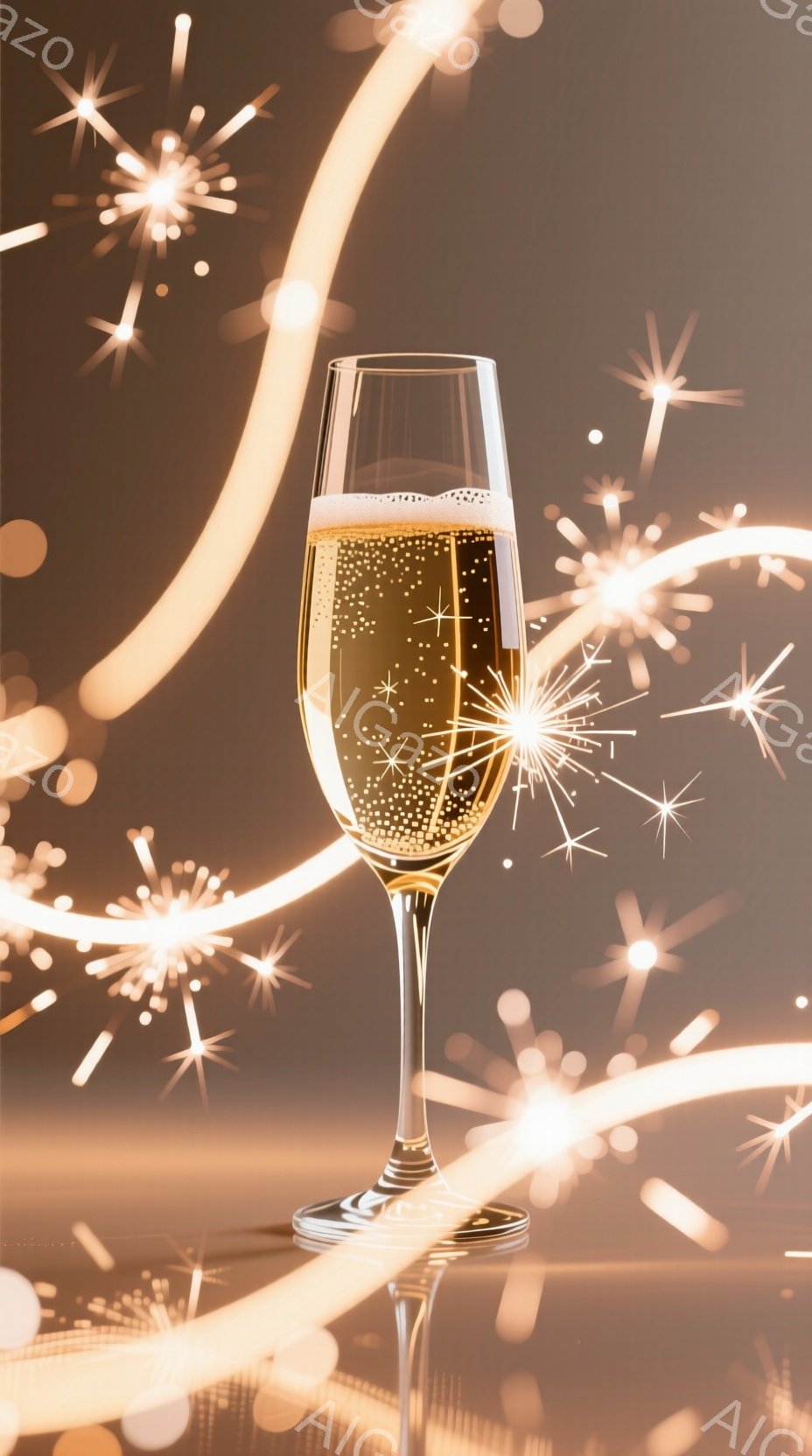 シャンパンが満たされたグラスが中央に配置され、周囲には光の軌跡が輝き、お祝いの雰囲気を醸し出しています。グラスの底面は反射しており、光の軌跡が水面に映り込み、華やかさを高めています。背景は暗く、光の軌跡が際立っており、新年や特別な機会を祝う場面を連想させます。
