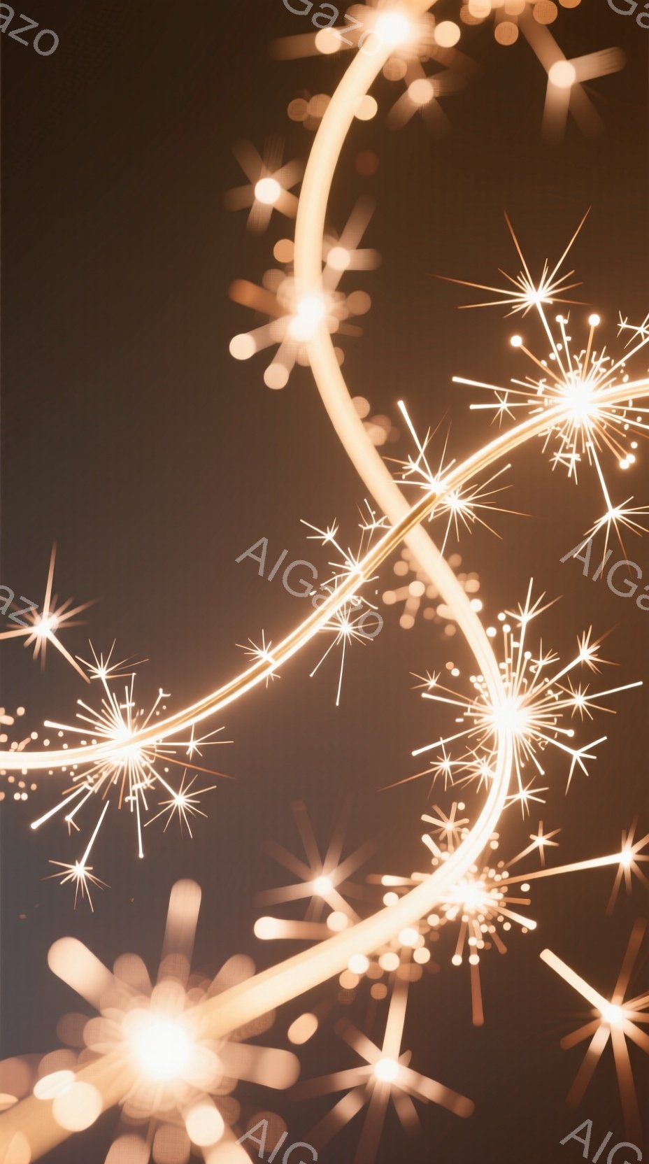 暖色系の背景に、光跡のような線が放射状に広がっています。光の線は、まるで花火や星屑のように、様々な方向に伸びており、細かく輝く光の粒子が散りばめられています。全体的に幻想的で、温かく、ロマンチックな雰囲気が漂っています。