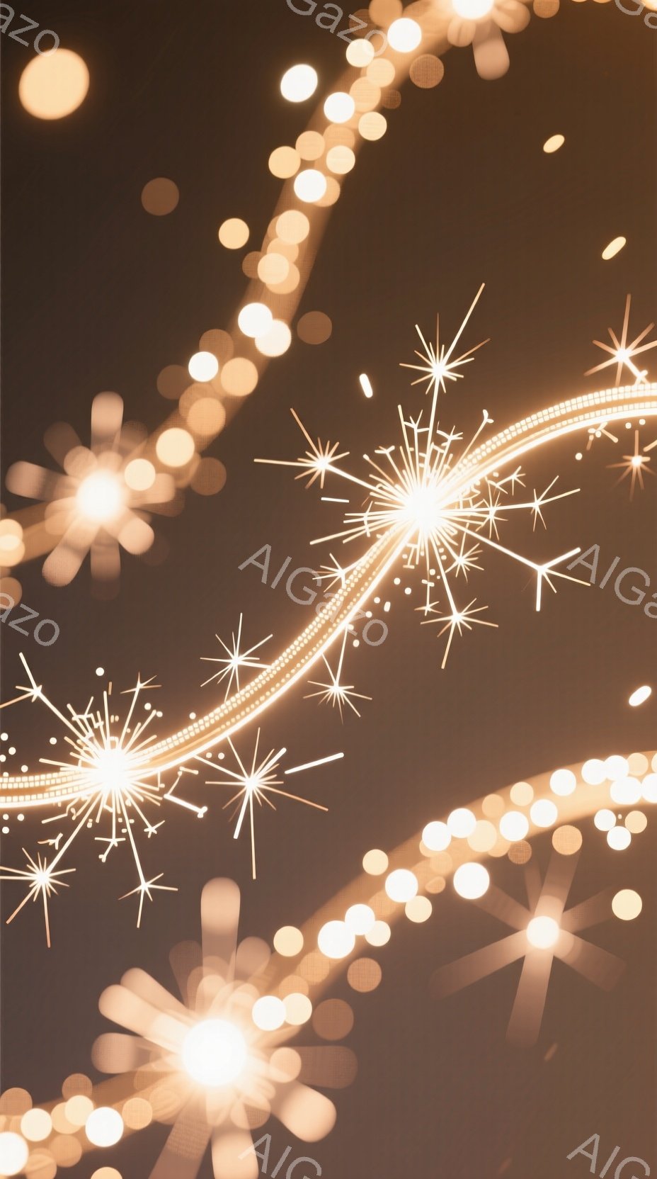 画面いっぱいに、光の粒子と光跡が流れており、まるで夜空に咲く花火のようです。光跡は曲線を描き、星のような光の粒子が散りばめられており、暖かく幻想的な雰囲気を醸し出しています。背景は暗く、光のコントラストが際立って、夢のような世界観を作り出しています。