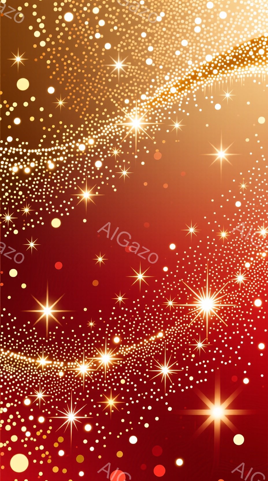 鮮やかな赤と金色の輝きが広がる背景で、大小さまざまな星が散りばめられています。星は金色と白色で、光の強さや形が異なり、きらびやかな印象を与えます。全体的に暖かく、幻想的な雰囲気で、お祝いやイベントにふさわしい背景です。