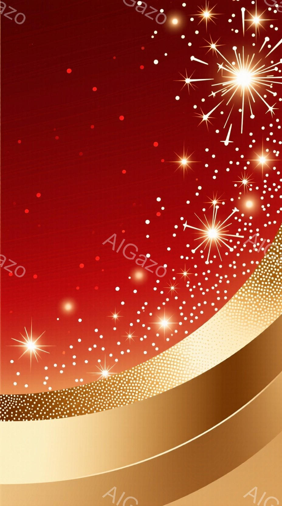 鮮やかな赤色の背景に、金色の粒子状の模様と、光り輝く星のようなものが散りばめられています。画面右上には、より大きな星型の光が集中しており、華やかな印象を与えます。全体的に、お祝いや特別なイベントを連想させる、きらびやかで暖かな雰囲気です。