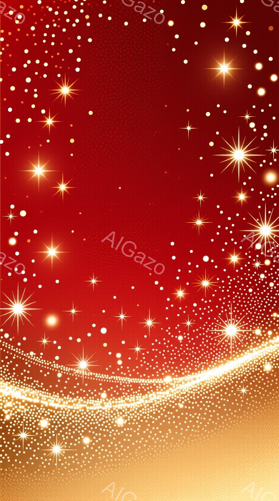 鮮やかな赤色の背景に、大小様々な白い光の粒子が散りばめられています。画面下部には、きらびやかな金色の光の帯が波打つように配置され、全体的に華やかで幻想的な雰囲気を醸し出しています。光の粒子はまるで星屑のようで、夜空を連想させます。