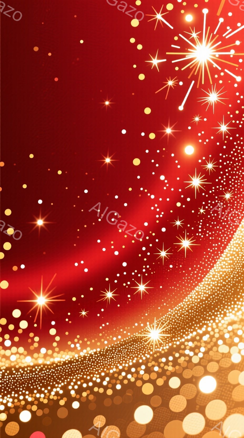 深紅色の背景に、大小様々な金色の光の粒子が散りばめられています。画面下部には光の粒子が密集し、まるで光の帯が渦巻いているような印象を与えます。全体的に幻想的で華やかな雰囲気で、お祝い事やイベントを連想させるデザインです。
