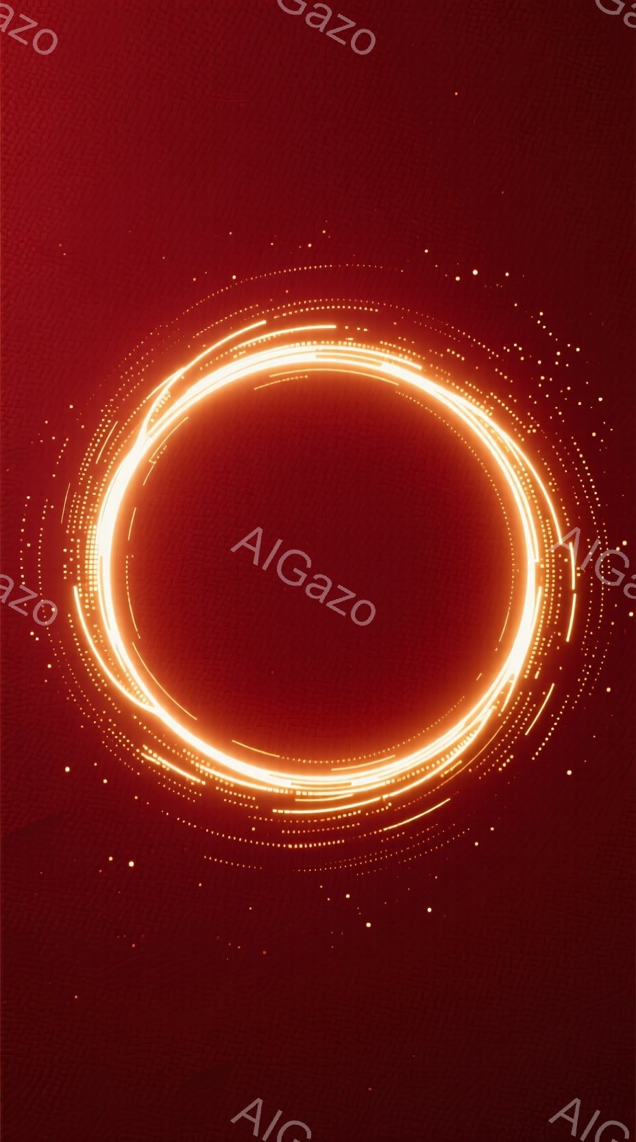 深い赤色の背景に、光のリングが浮かび上がっています。リングは複数の光の線で構成され、中心に向かって徐々に小さくなるように配置されています。全体的に神秘的で、エネルギーを感じさせる雰囲気です。