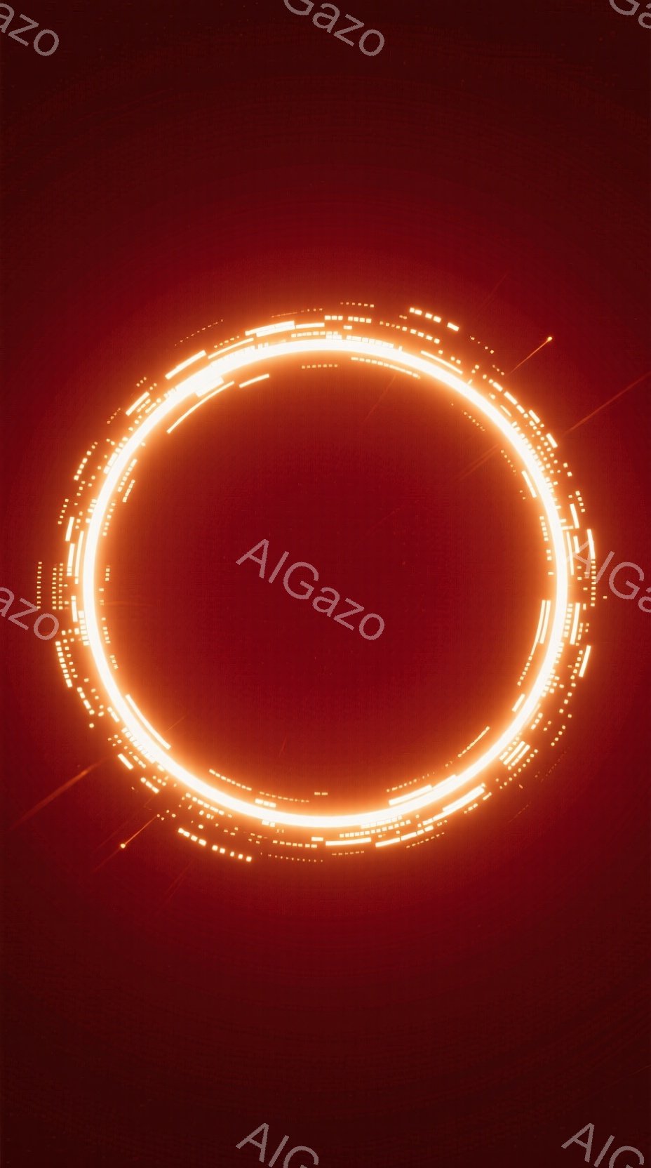 鮮やかなオレンジ色の背景に、光の円環が描かれています。円環は細かく輝く線分の集合体で、まるでエネルギーの流れや未来的なテクノロジーを象徴しているかのようです。全体的に暖かく、力強い印象を与える抽象的なイメージです。