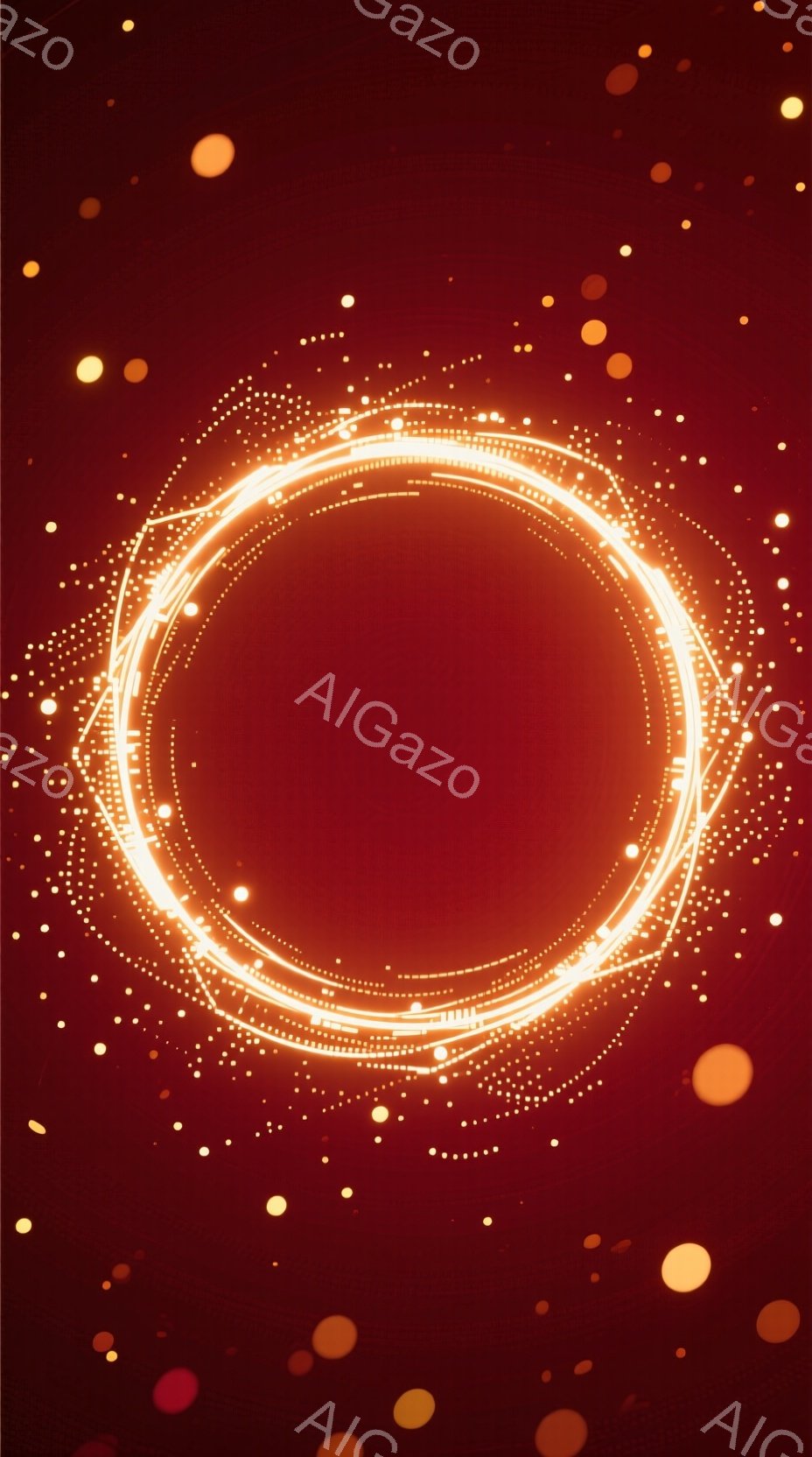 深紅色の背景に、光の粒子が散りばめられており、中央にはらせん状に巻き付いた光のリングが描かれています。リングは明るい黄色で、エネルギーの流れや神秘的な雰囲気を醸し出しています。全体的に、鮮やかでダイナミックな印象を与える抽象的なイメージです。