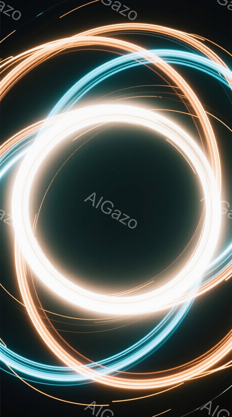 暗い背景に、複数の発光する円が重なり合って描かれています。円はオレンジ、白、水色の光で構成され、まるで光の軌跡が放射状に広がっているような印象を与えます。この鮮やかな光の円環は、未来的なエネルギーやテクノロジーを連想させる、ダイナミックな雰囲気を醸し出しています。